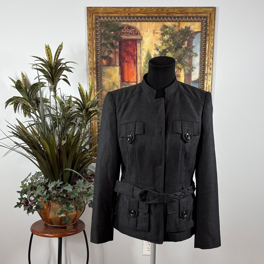 Anne Klein Women’s Charcoal Belted Utility Jacket Size 4 High Neck‎ Snaps Front